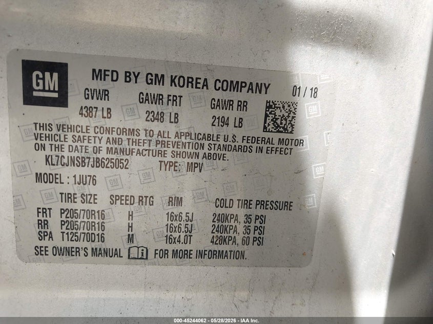 2018 Chevrolet Trax VIN KL7CJNSB7JB625052 IAAI salvage auction — NORMAL WEAR, Salvage Title, sold $1,100 on 2026-07-28 (photo 9)