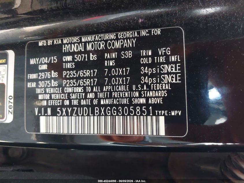 2016 Hyundai Santa fe VIN 5XYZUDLBXGG305851 IAAI salvage auction — NORMAL WEAR, Clear (New York), sold $1,975 on 2026-07-07 (photo 9)