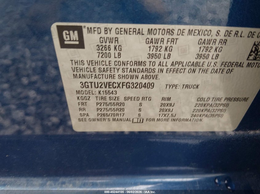 2015 Gmc SIERRA VIN 3GTU2VECXFG320409 IAAI salvage auction — Burn Engine, Salvage Title, sold $2,350 on 2026-07-30 (photo 9)