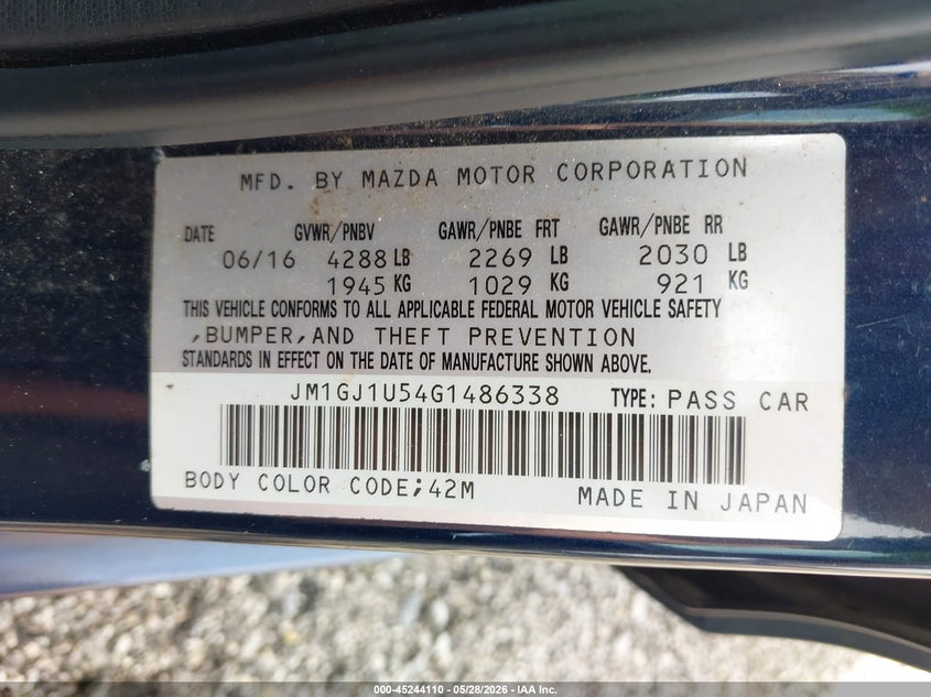 2016 Mazda 6 VIN JM1GJ1U54G1486338 IAAI salvage auction — RIGHT FRONT, Salvage Title, sold $2,200 on 2026-07-22 (photo 9)
