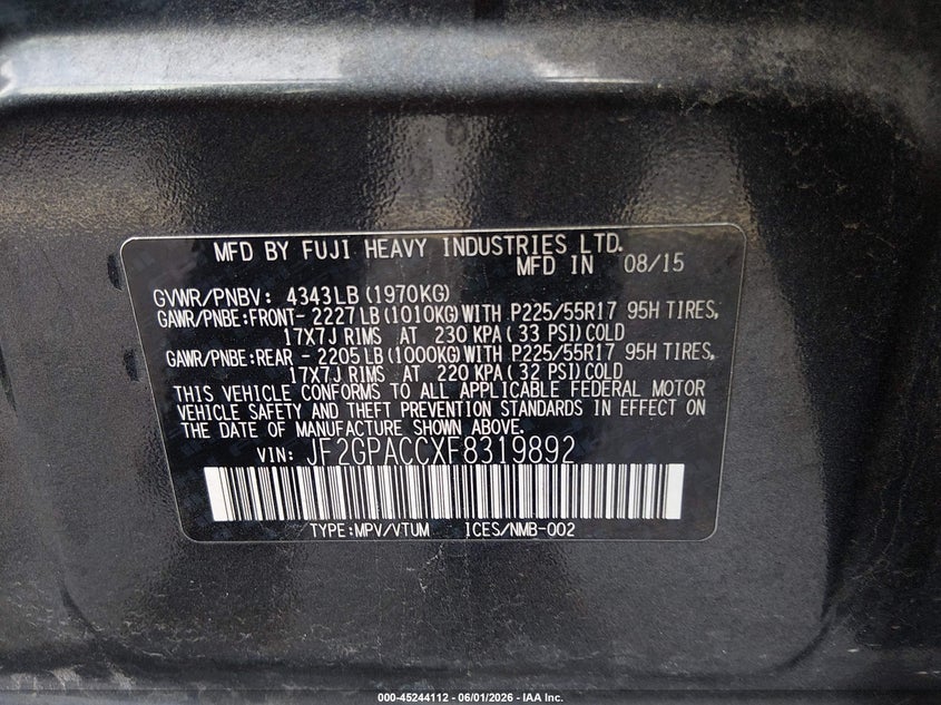 2015 Subaru Xv VIN JF2GPACCXF8319892 IAAI salvage auction — FRONT END, Salvage Title, sold $400 on 2026-07-23 (photo 9)