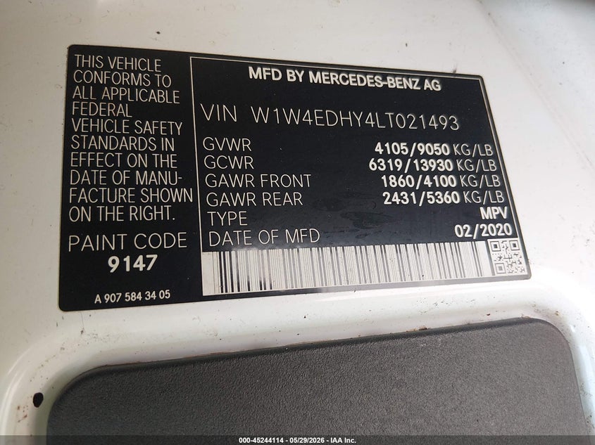 2020 Mercedes-benz Sprinter VIN W1W4EDHY4LT021493 IAAI salvage auction — FRONT END, Salvage (North Carolina), sold $9,400 on 2026-08-02 (photo 9)