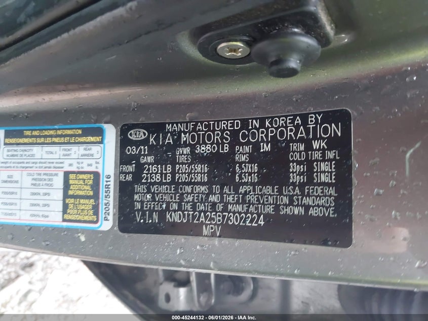 2011 Kia Soul VIN KNDJT2A25B7302224 IAAI salvage auction — NORMAL WEAR, Clear (Tennessee), sold $525 on 2026-07-09 (photo 9)