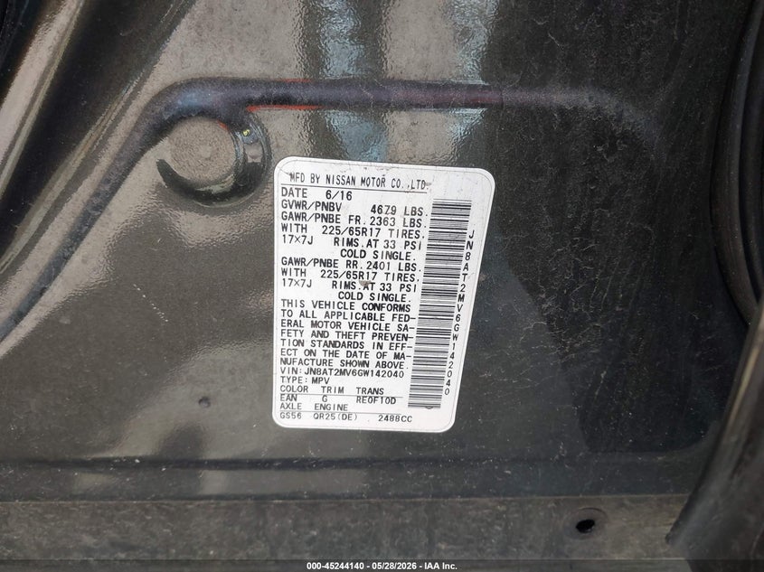 2016 Nissan Rogue VIN JN8AT2MV6GW142040 IAAI salvage auction — REAR END, Salvage Title, sold $850 on 2026-07-29 (photo 9)