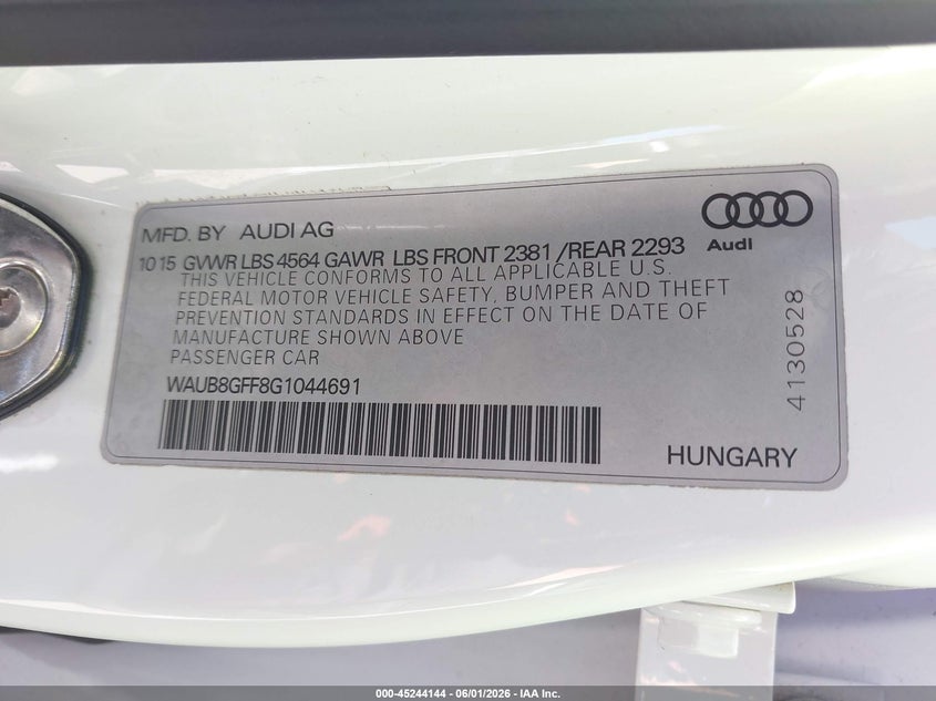 2016 Audi A3 VIN WAUB8GFF8G1044691 IAAI salvage auction — FRONT END, Salvage Title, sold $675 on 2026-07-16 (photo 9)