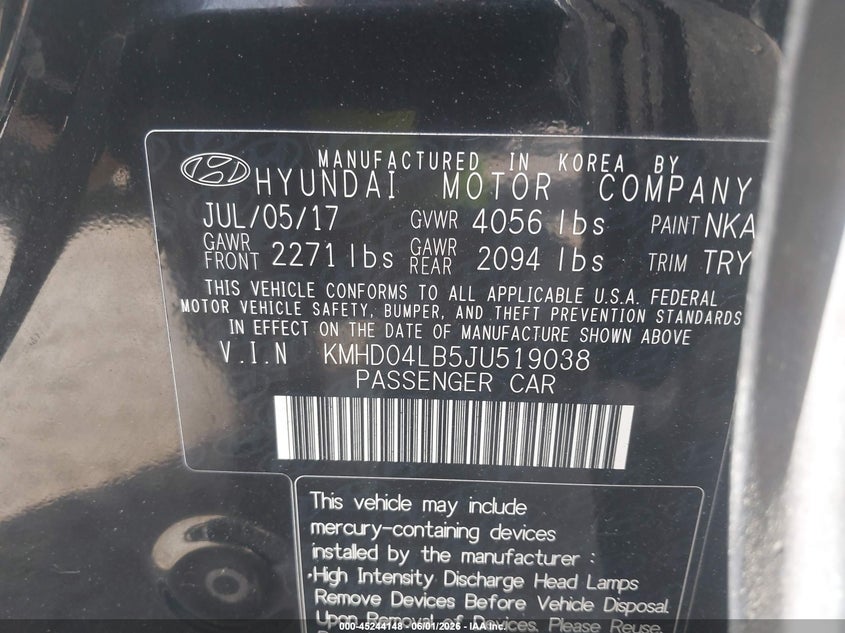 2018 Hyundai Elantra VIN KMHD04LB5JU519038 IAAI salvage auction — FRONT END, Clear (Michigan), sold $1,050 on 2026-07-30 (photo 9)