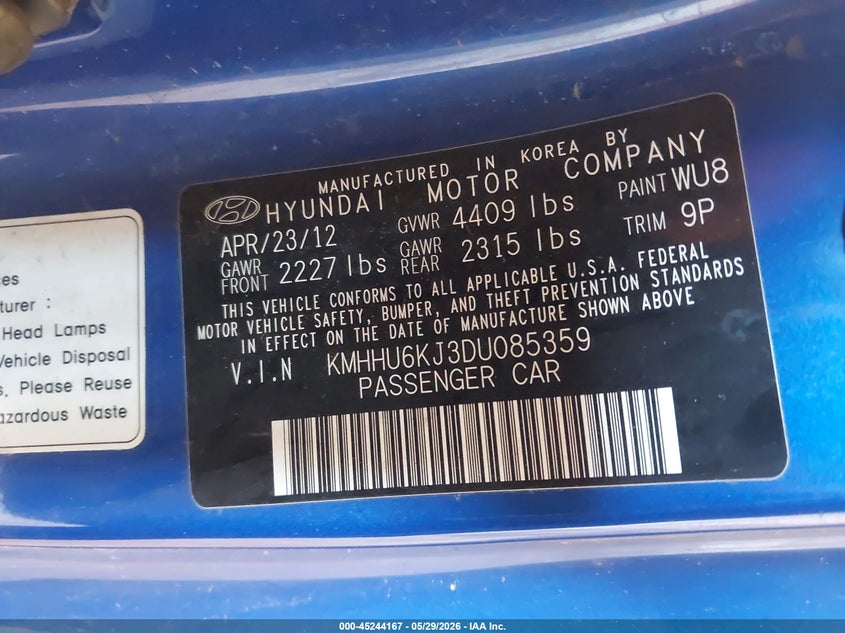 2013 Hyundai Genesis VIN KMHHU6KJ3DU085359 IAAI salvage auction — FRONT END, Salvage Title, sold $550 on 2026-07-21 (photo 9)