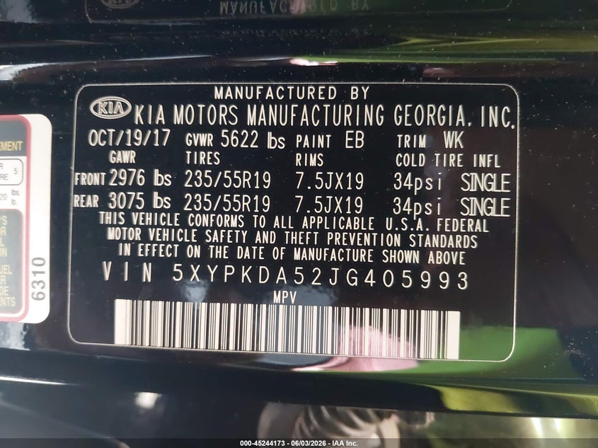 2018 Kia Sorento VIN 5XYPKDA52JG405993 IAAI salvage auction — FRONT END, Salvage Title, sold $5,900 on 2026-07-08 (photo 9)