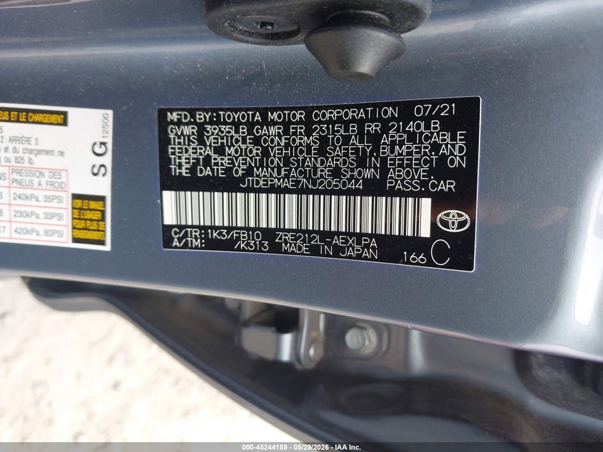 2022 Toyota Corolla VIN JTDEPMAE7NJ205044 IAAI salvage auction — FRONT END, Salvage Title, sold $4,950 on 2026-07-21 (photo 9)