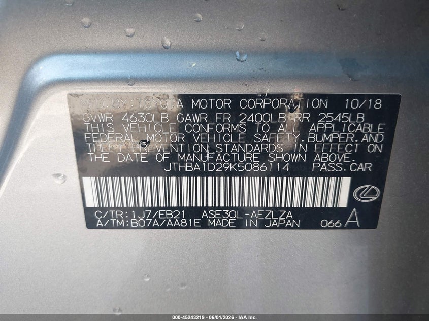 2019 Lexus Is VIN JTHBA1D29K5086114 IAAI salvage auction — SIDE, Salvage (California), sold $3,050 on 2026-07-28 (photo 9)