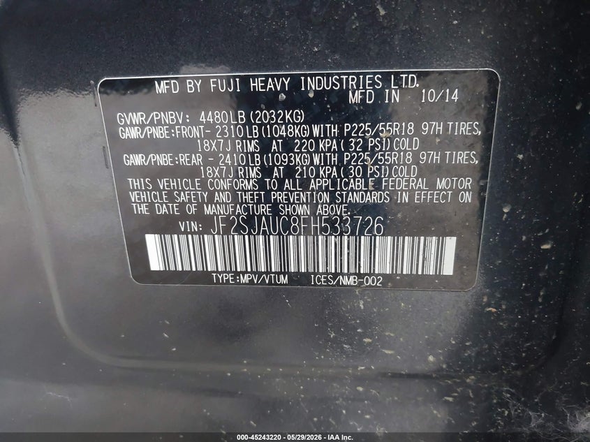 2015 Subaru Forester VIN JF2SJAUC8FH533726 IAAI salvage auction — NORMAL WEAR, Clear (New Jersey), sold $925 on 2026-07-08 (photo 9)
