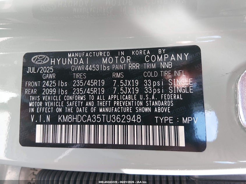 2026 Hyundai Kona VIN KM8HDCA35TU362948 IAAI salvage auction — FRONT END, Salvage Title, sold $3,700 on 2026-07-30 (photo 9)