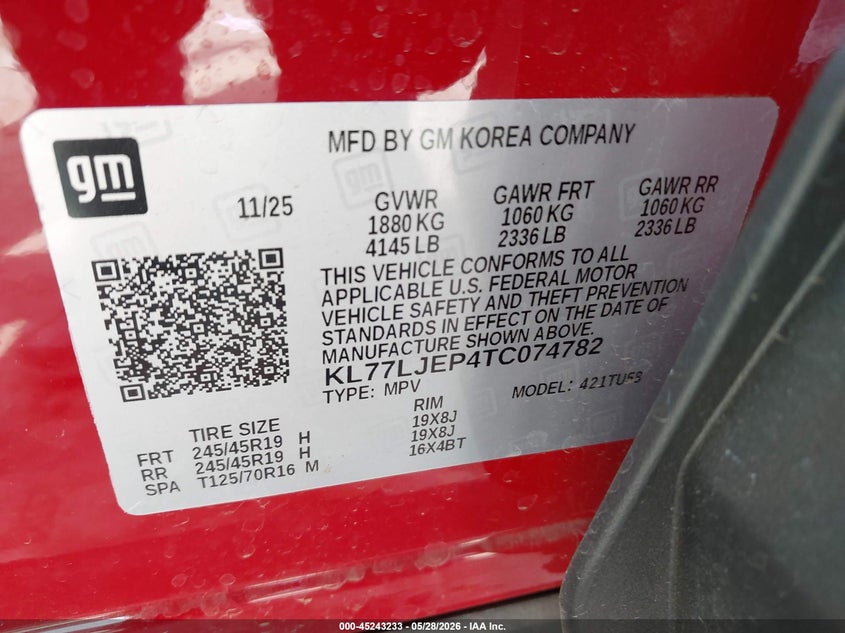 2026 Chevrolet Trax VIN KL77LJEP4TC074782 IAAI salvage auction — FRONT END, Salvage Title, sold $3,300 on 2026-07-15 (photo 9)