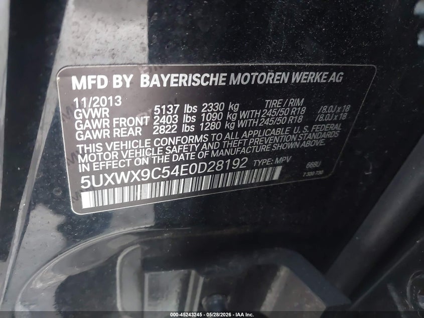 2014 BMW X3 VIN 5UXWX9C54E0D28192 IAAI salvage auction — MECHANICAL, Clear (Florida), sold $1,200 on 2026-07-15 (photo 9)