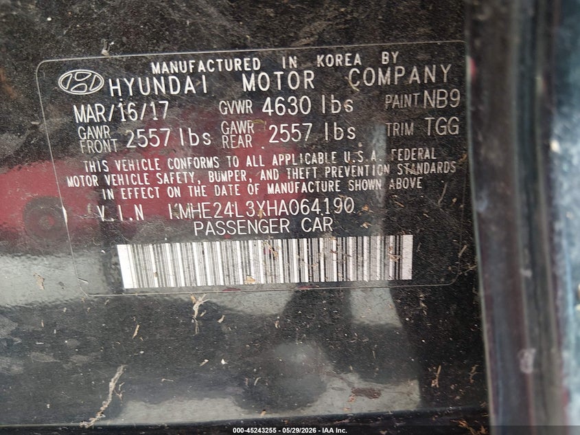 2017 Hyundai Sonata VIN KMHE24L3XHA064190 IAAI salvage auction — NORMAL WEAR, Salvage (California), sold $875 on 2026-07-09 (photo 9)