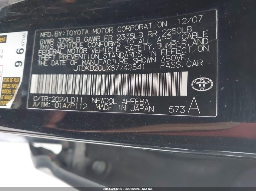 2008 Toyota Prius VIN JTDKB20UX87742541 IAAI salvage auction — FRONT END, Salvage (North Carolina), sold $25 on 2026-07-29 (photo 9)