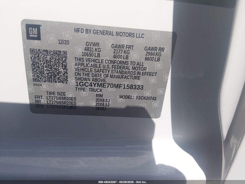 2021 Chevrolet Silverado VIN 1GC4YME70MF158333 IAAI salvage auction — RIGHT SIDE, Salvage Title, sold $19,300 on 2026-07-24 (photo 9)