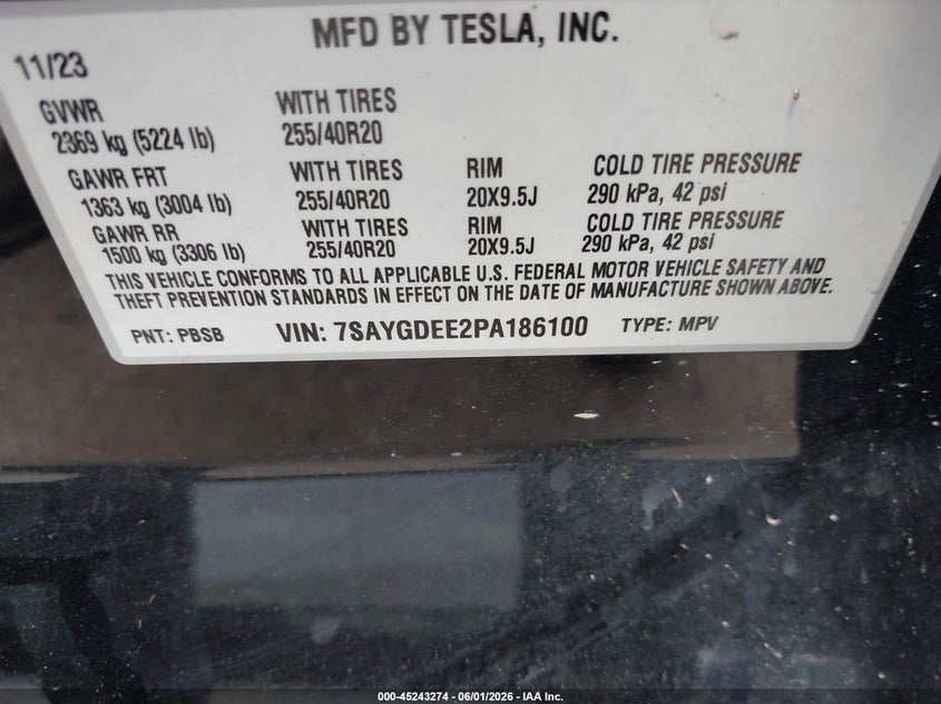 2023 Tesla Model y VIN 7SAYGDEE2PA186100 IAAI salvage auction — FRESH WATER, Salvage Title, sold $7,100 on 2026-07-30 (photo 9)