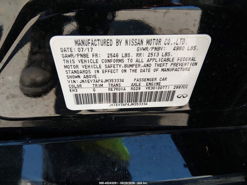 2018 Infiniti Q50 VIN JN1EV7AP4JM353334 IAAI salvage auction — FRONT END, Salvage Title, sold $25 on 2026-07-16 (photo 9)
