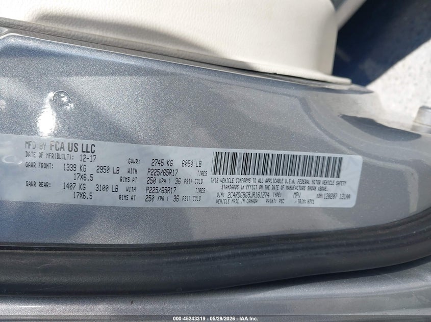 2018 Dodge Caravan VIN 2C4RDGBG9JR161274 IAAI salvage auction — NORMAL WEAR, Salvage Title, sold $850 on 2026-07-09 (photo 9)