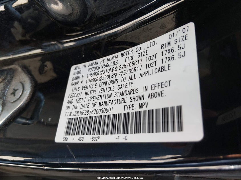 2007 Honda Cr-v VIN JHLRE38767C030501 IAAI salvage auction — LEFT FRONT, Salvage (California), sold $1,350 on 2026-07-09 (photo 9)