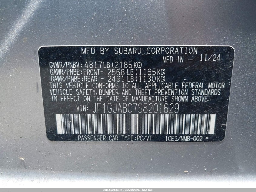 2025 Subaru Impreza VIN JF1GUABC7S8201629 IAAI salvage auction — BIOHAZARD/CHEMICAL, Salvage Title, sold $6,200 on 2026-07-12 (photo 9)