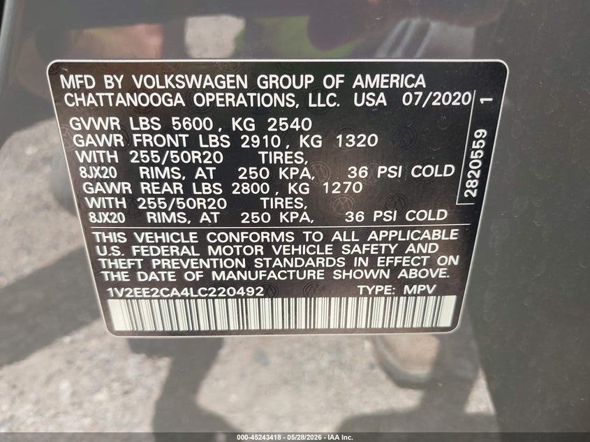 2020 Volkswagen Atlas cross sport VIN 1V2EE2CA4LC220492 IAAI salvage auction — HAIL, Salvage Title, sold $12,050 on 2026-07-16 (photo 9)