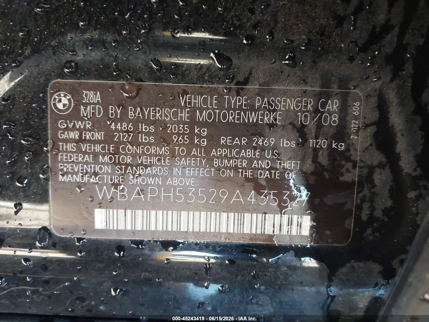 2009 BMW 3 series VIN WBAPH53529A435327 IAAI salvage auction — NORMAL WEAR, Clear (Arizona), sold $525 on 2026-07-14 (photo 9)
