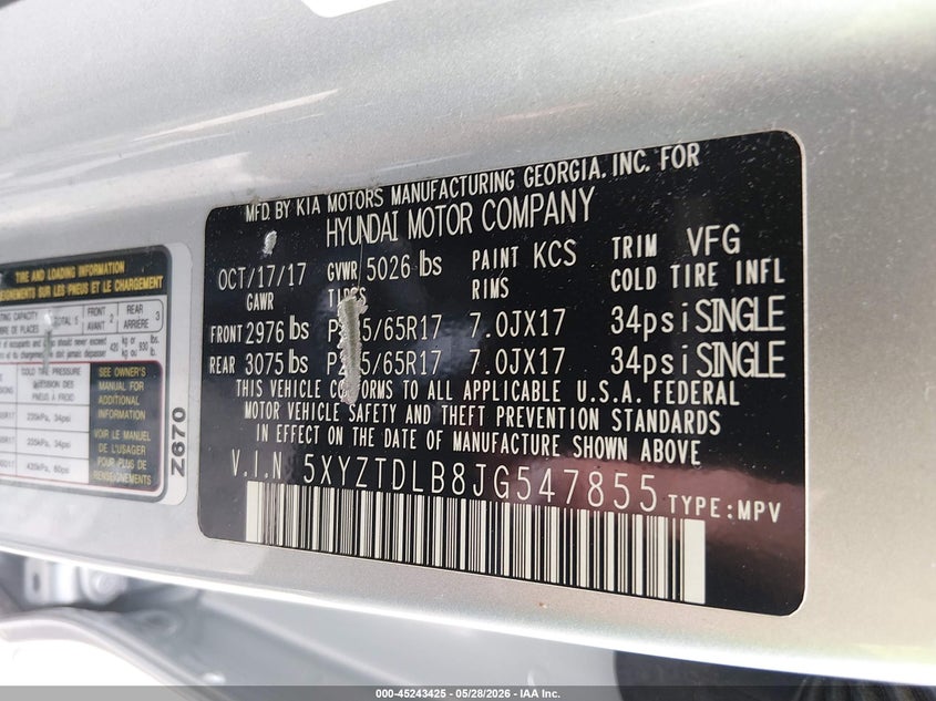 2018 Hyundai Santa fe VIN 5XYZTDLB8JG547855 IAAI salvage auction — FRONT END, Salvage Title, sold $2,400 on 2026-07-30 (photo 9)
