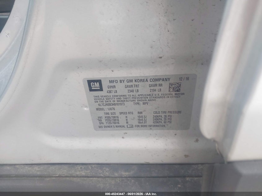 2017 Chevrolet Trax VIN KL7CJNSB3HB101973 IAAI salvage auction — FRONT END, Salvage Title, sold $825 on 2026-07-22 (photo 9)