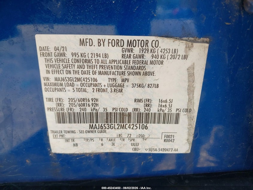 2021 Ford Ecosport VIN MAJ6S3GL2MC425106 IAAI salvage auction — RIGHT SIDE, Salvage (Illinois), sold $400 on 2026-07-29 (photo 9)
