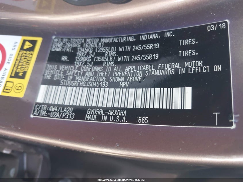 2018 Toyota Highlander VIN 5TDDGRFH0JS045193 IAAI salvage auction — RIGHT FRONT, Salvage Title, sold $6,700 on 2026-07-07 (photo 9)