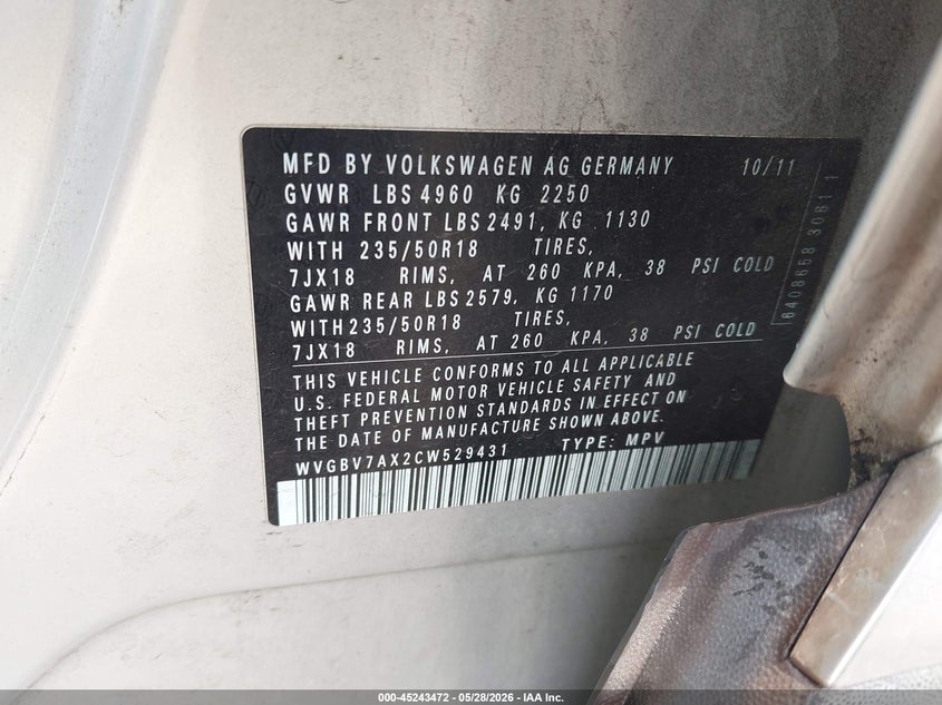 2012 Volkswagen Tiguan VIN WVGBV7AX2CW529431 IAAI salvage auction — NORMAL WEAR, Salvage Title - Dealer (California), sold $550 on 2026-07-23 (photo 9)