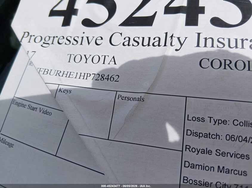 2017 Toyota Corolla VIN 5YFBURHE1HP728462 IAAI salvage auction — BIOHAZARD/CHEMICAL, Certificate Of Destruction (Louisiana), sold $775 on 2026-07-20 (photo 9)