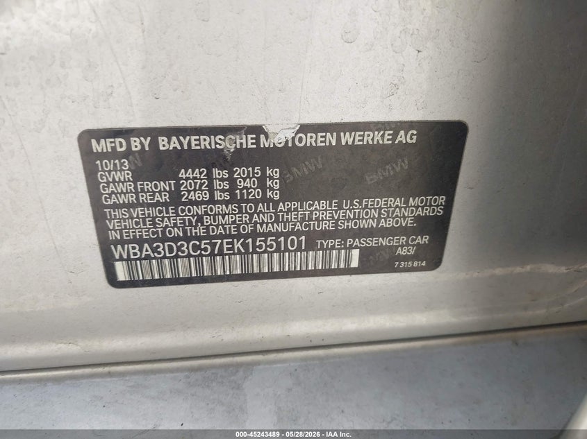 2014 BMW 3er VIN WBA3D3C57EK155101 IAAI salvage auction — NORMAL WEAR, Clear - Dealer Only (California), sold $800 on 2026-07-07 (photo 9)