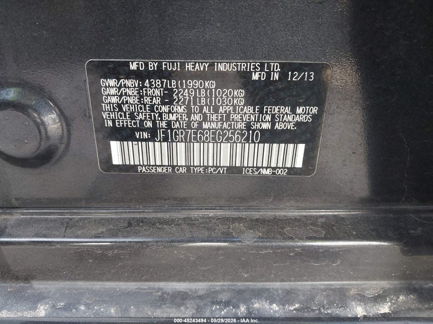 2014 Subaru Impreza VIN JF1GR7E68EG256210 IAAI salvage auction — NORMAL WEAR, Original (Texas), sold $2,000 on 2026-07-20 (photo 9)