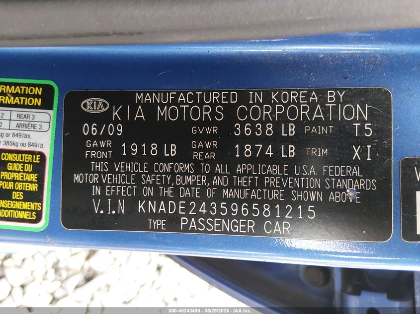 2009 Kia Rio VIN KNADE243596581215 IAAI salvage auction — FRONT & REAR, Bill Of Sale (Washington), sold $250 on 2026-07-08 (photo 9)