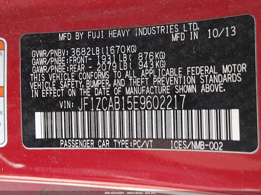 2014 Subaru Brz VIN JF1ZCAB15E9602217 IAAI salvage auction — RIGHT FRONT, Salvage Title, sold $1,550 on 2026-07-22 (photo 9)