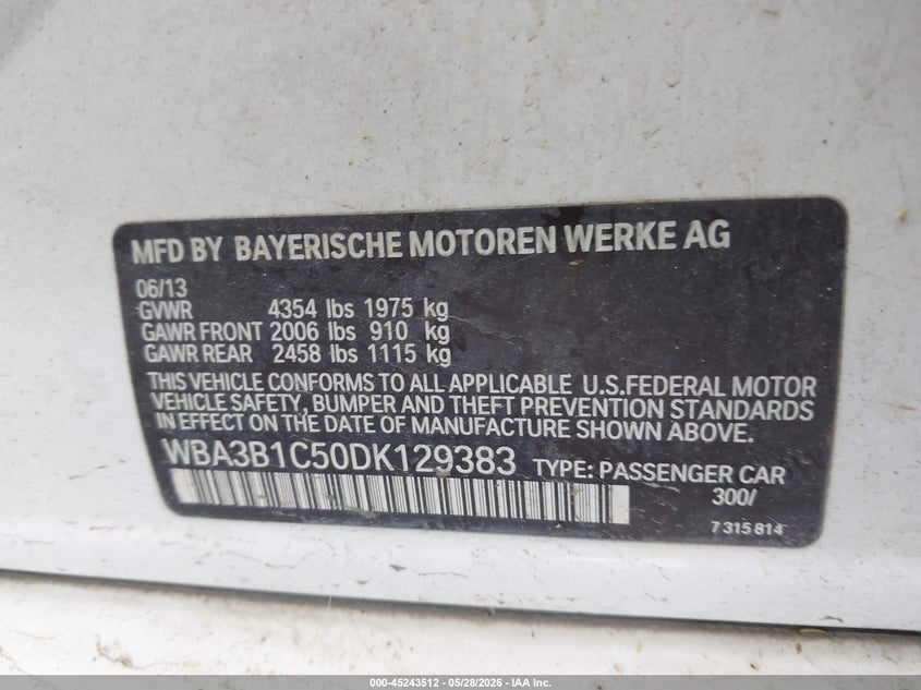 2013 BMW 3er VIN WBA3B1C50DK129383 IAAI salvage auction — NORMAL WEAR, Salvage (California), sold $450 on 2026-07-20 (photo 9)