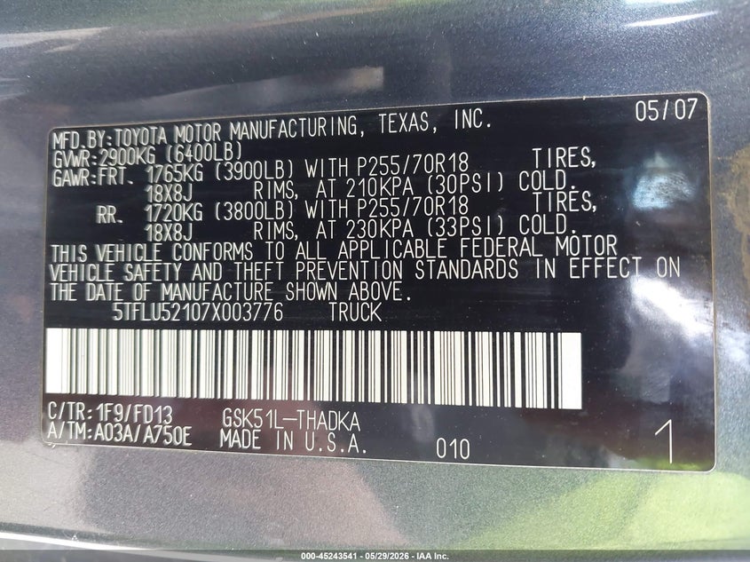 2007 Toyota Tundra VIN 5TFLU52107X003776 IAAI salvage auction — REAR END, Clear - Dealer Only (California), sold $1,550 on 2026-07-14 (photo 9)