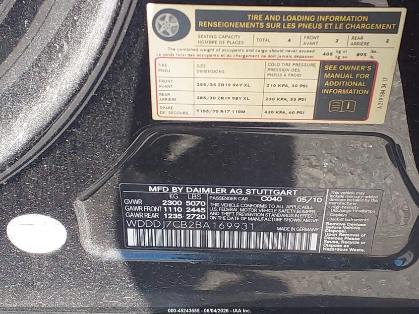 2011 Mercedes-benz Cls-class VIN WDDDJ7CB2BA169931 IAAI salvage auction — NORMAL WEAR, Repossession Paperwork (Georgia), sold $1,050 on 2026-07-29 (photo 9)