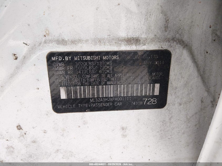 2015 Mitsubishi Mirage VIN ML32A3HJXFH001111 IAAI salvage auction — NORMAL WEAR, Original (Texas), sold $350 on 2026-07-07 (photo 9)