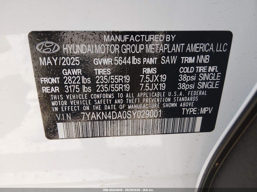 2025 Hyundai Ioniq 5 VIN 7YAKN4DA0SY029001 IAAI salvage auction — REAR END, Salvage Title, sold $12,625 on 2026-07-16 (photo 9)