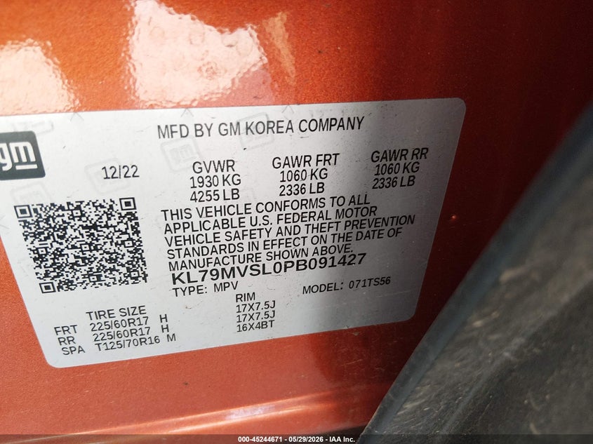 2023 Chevrolet Trailblazer VIN KL79MVSL0PB091427 IAAI salvage auction — RIGHT SIDE, Salvage Title, sold $3,325 on 2026-07-09 (photo 9)
