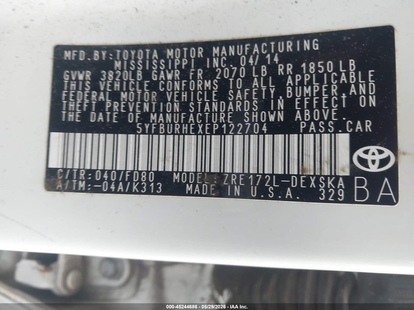 2014 Toyota Corolla VIN 5YFBURHEXEP122704 IAAI salvage auction — RIGHT SIDE, Salvage Title, sold $3,400 on 2026-07-08 (photo 9)