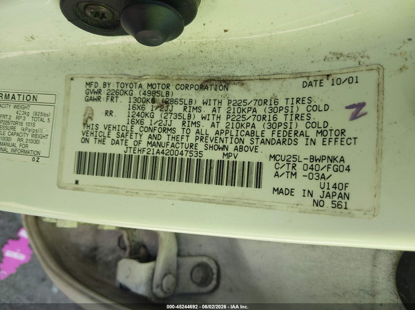 2002 Toyota Highlander VIN JTEHF21A420047535 IAAI salvage auction — REPOSSESSION, Clear (Virginia), sold $375 on 2026-07-16 (photo 9)