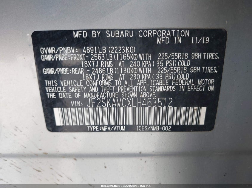 2020 Subaru Forester VIN JF2SKAMCXLH463512 IAAI salvage auction — FRONT END, Mv-907A (New York), sold $600 on 2026-07-30 (photo 9)