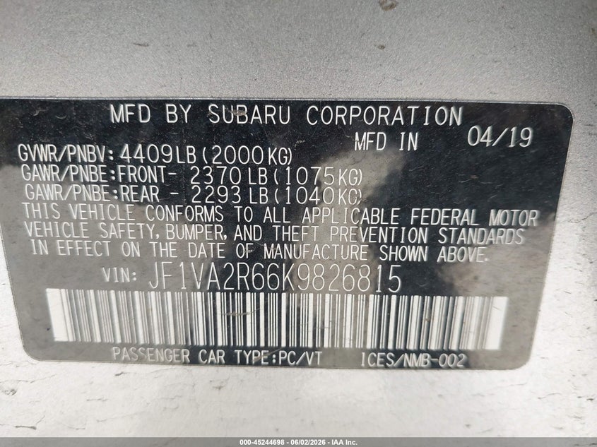 2019 Subaru Wrx sti VIN JF1VA2R66K9826815 IAAI salvage auction — FRONT END, Salvage Title, sold $8,150 on 2026-08-25 (photo 9)