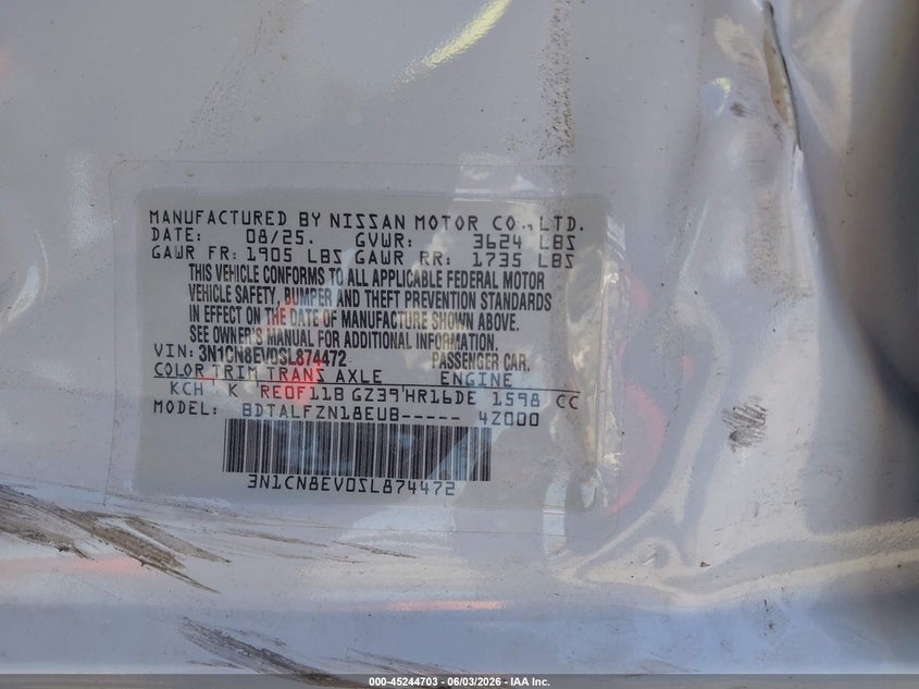 2025 Nissan Versa VIN 3N1CN8EV0SL874472 IAAI salvage auction — SIDE, Salvage Title, sold $3,500 on 2026-07-26 (photo 9)