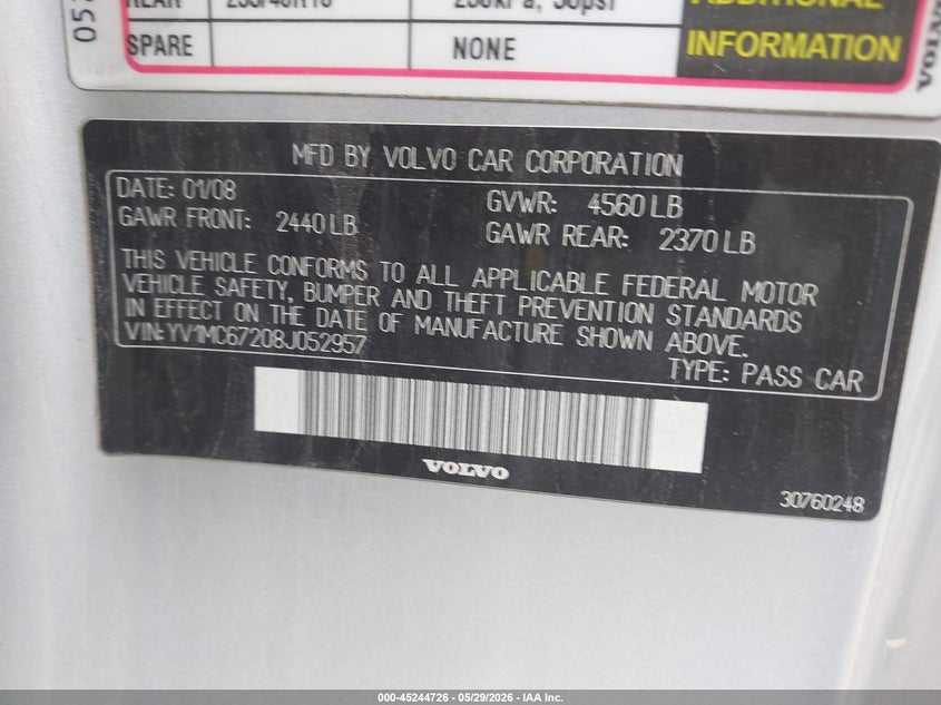 2008 Volvo C70 VIN YV1MC67208J052957 IAAI salvage auction — UNKNOWN, Salvage (Texas), sold $400 on 2026-07-14 (photo 9)